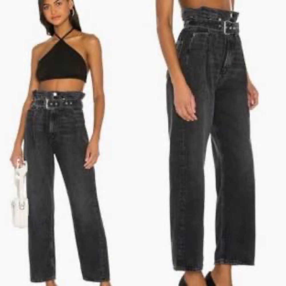 Agolde Reworked 90’s Belted Paperbag High Waisted Straight Leg Jeans Black Sz 27 - Picture 2 of 13